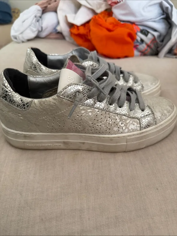 P448 Women’s Silver Metallic Lace-Up Sneakers with Iridescent Tongue - Image 3