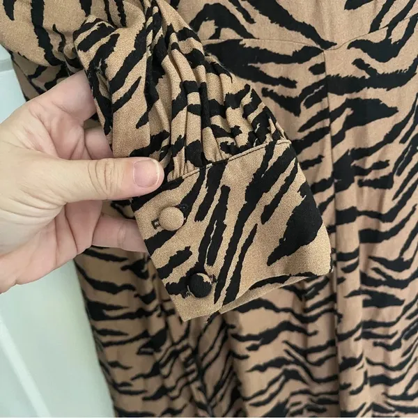 Reformation Brown Creed Button open Back‎ Long Sleeve Slit Dress tiger print - Image 4