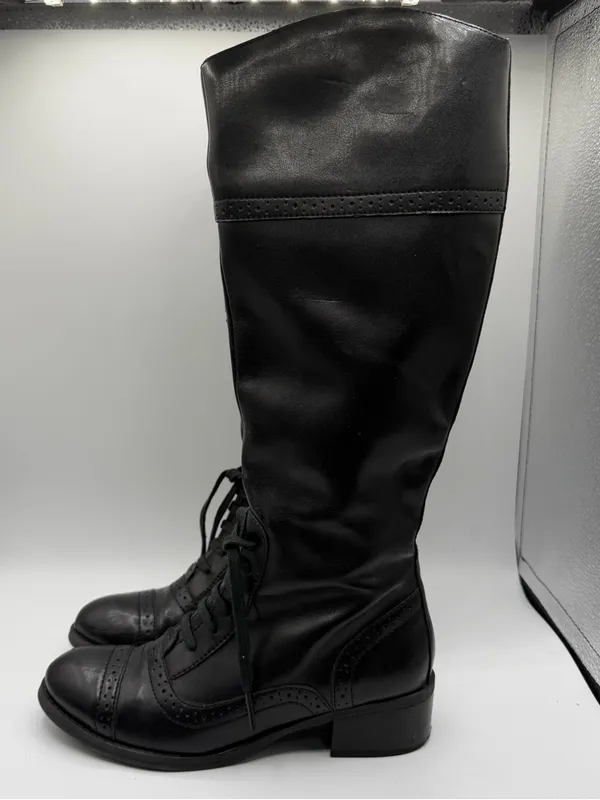 Tommy Hilfiger Black Leather Tall Riding Boots Lace Up Side Zip Women’s 6.5M - Image 5