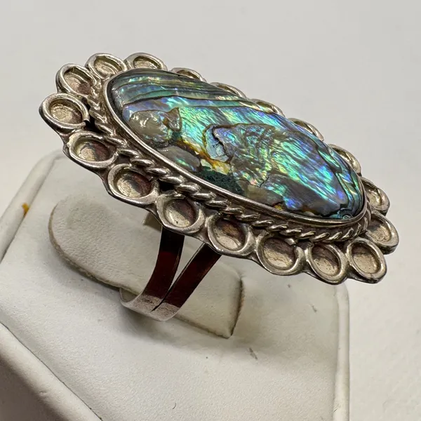 Vintage Mexican Sterling Silver Abalone Shell Statement Ring Oval Size 8‎ - Image 2