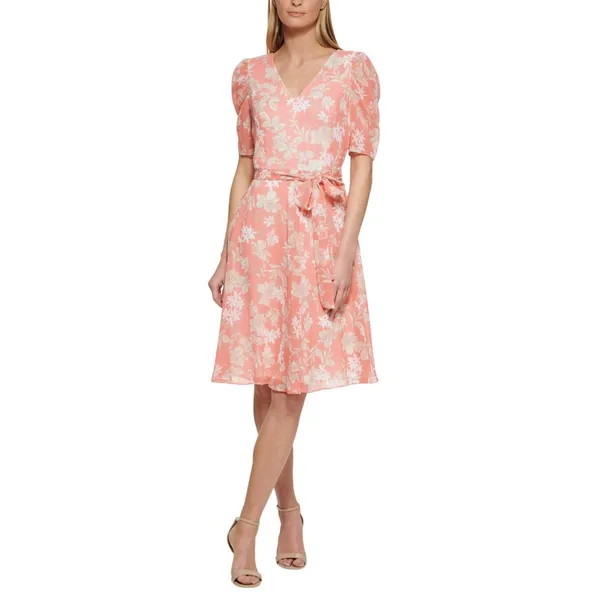 Tommy Hilfiger Womens Tie Front Printed Capelet Fit & Flare Dress Coral Pink 8 - Image 8