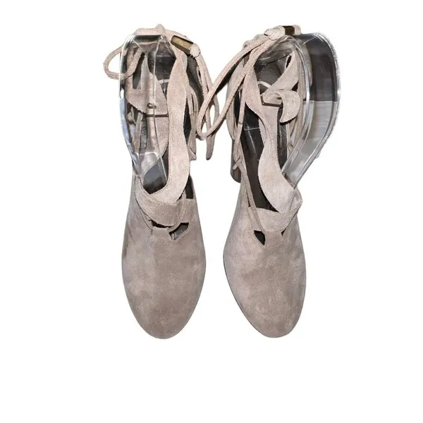 Free People Taupe Nouvella Criss Cross Wrap Chunky Heel Suede Leather Sz 38/6.5‎ - Image 3