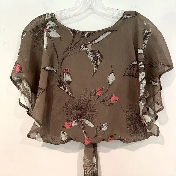 Express Tie Front Crop Blouse Women's XS‎ Olive Green Flutter Sleeve Lined - Image 4
