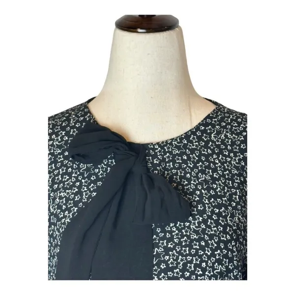Zara‎ Dress Women Medium Black Ivory Star Print Bow Neckline Long Sleeve Mini - Image 7
