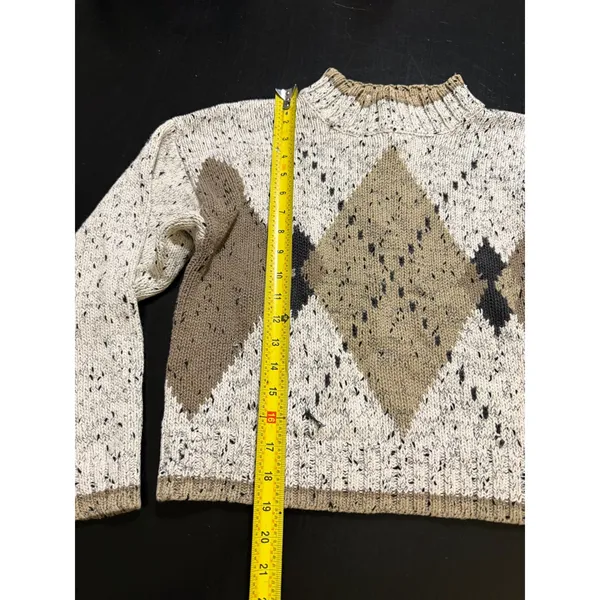 Vintage Accordeon Argyle Knit Sweater Cream Tan Speckled Mock Neck Size M - Image 2
