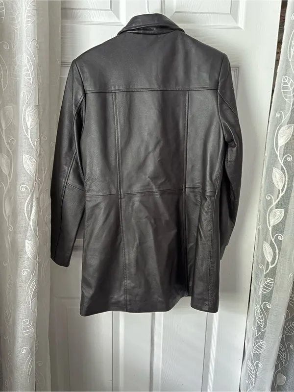 Clueless vintage mid-length black leather coat jacket button-up front women sz M - Image 10