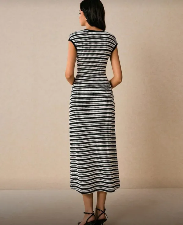 Poéselle Women's Casual Striped Round Neck Cap Sleeve Dress, Summer - Image 2