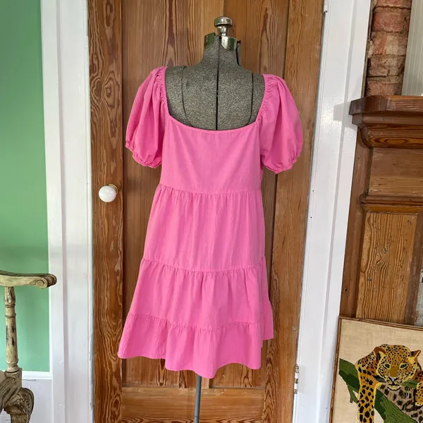 Luukse Bright Pink Tiered Babydoll Dress Puff Sleeve Cottagecore XL💛 - Image 4