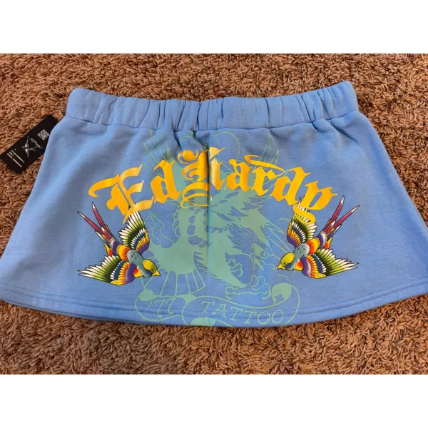 Ed Hardy Blue Tattoo Graphic Sweat Mini Skirt Y2K Drawstring - Image 8