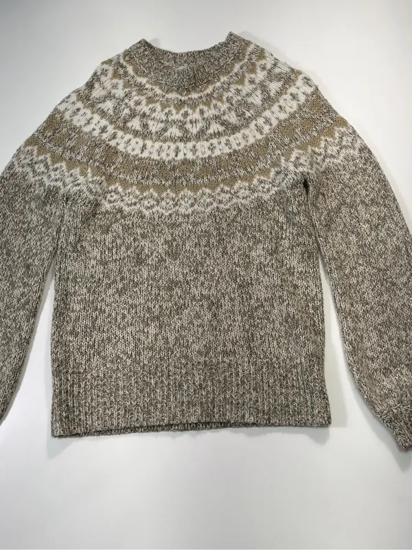 LOFT Cotton Wool Blend Brown & Cream Fair Isle Crewneck Sweater - Image 2