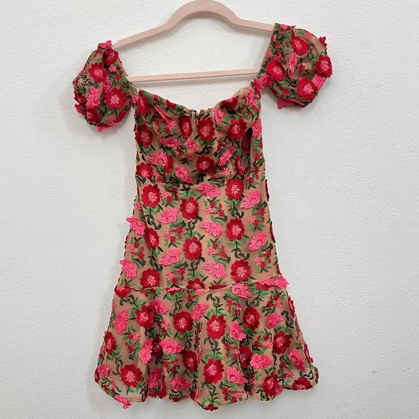 For Love & Lemons Amelia Floral Off Shoulder Mesh Fabric Party Mini Dress XS‎ - Image 5
