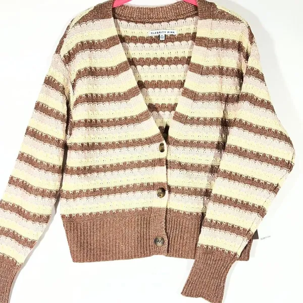 Celebrity Pink‎ Striped V Neck Crop Cardigan Sweater Women M Rose Button Front - Image 2