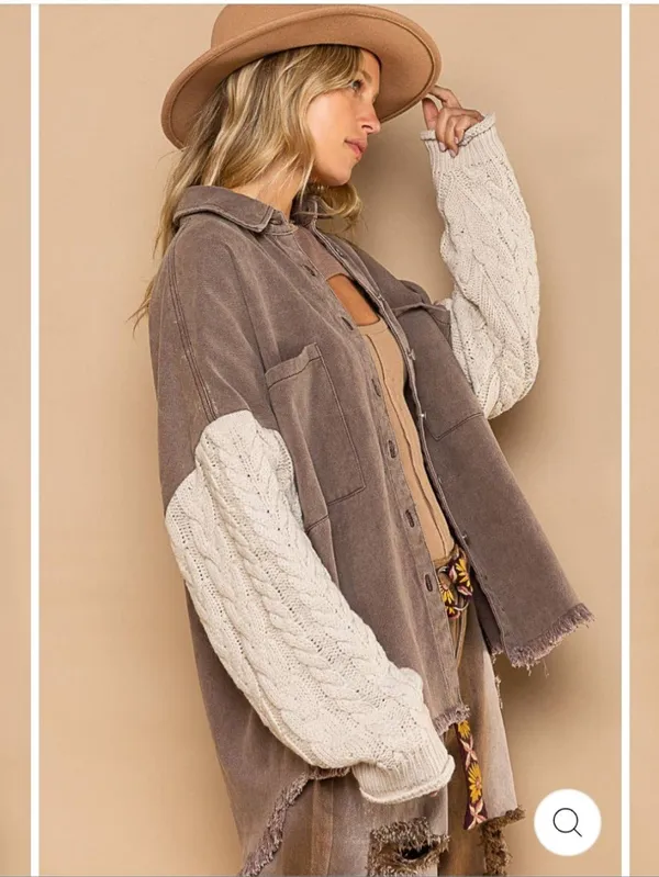 POL Cable Knit Sleeve Shacket Chocolate & Cream Small - Image 3