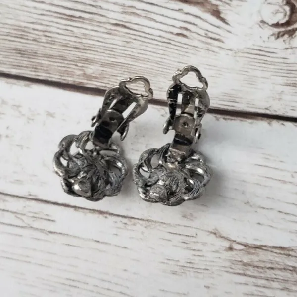 Vintage Clip On Earrings Large Clear Gem with Ornate Dark Silver Tone Halo - Image 4