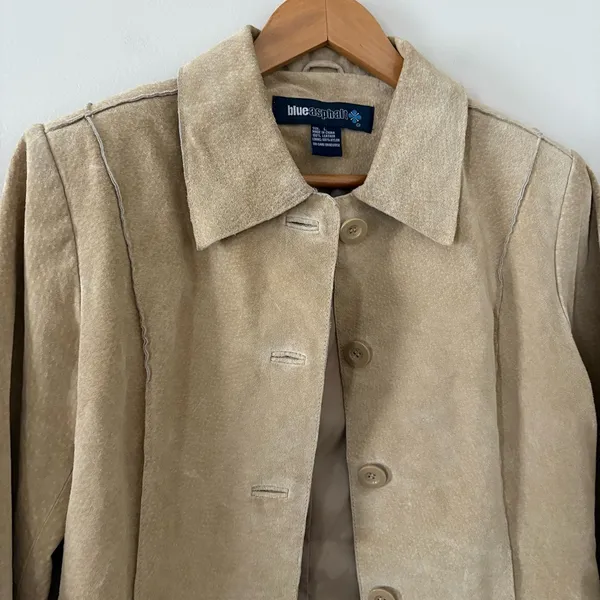 Vintage Y2K Blue Asphalt 100% leather suede jacket tan button front women size L - Image 2
