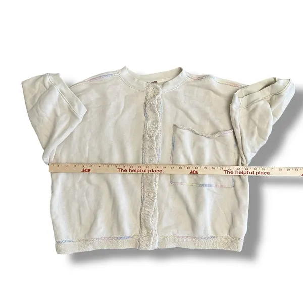 Free People Cream Cropped Boxy Cardigan L Rainbow‎ Stitch Oversized Top - Image 3