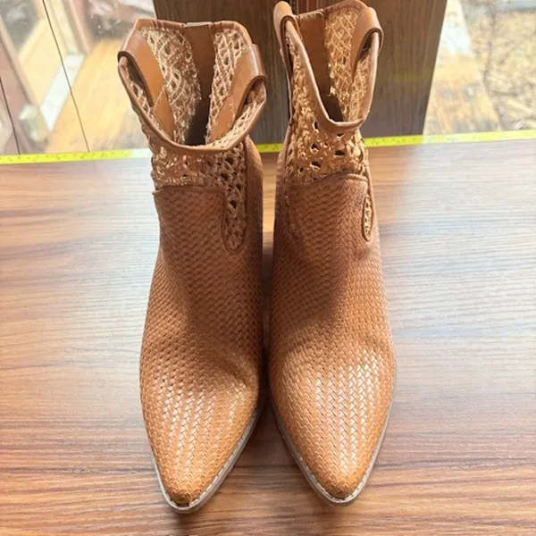 Coconuts by Matisse Kelly 7.5 Tan Woven Western Ankle Boots Pointed Toe Boho - Image 2