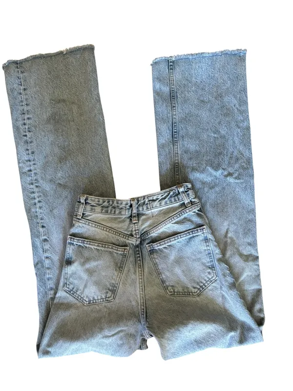 Zara 90’s High Waisted Cotton Jeans Sz 0 Raw Flare Hem Med/Light Wash BTS - Image 2