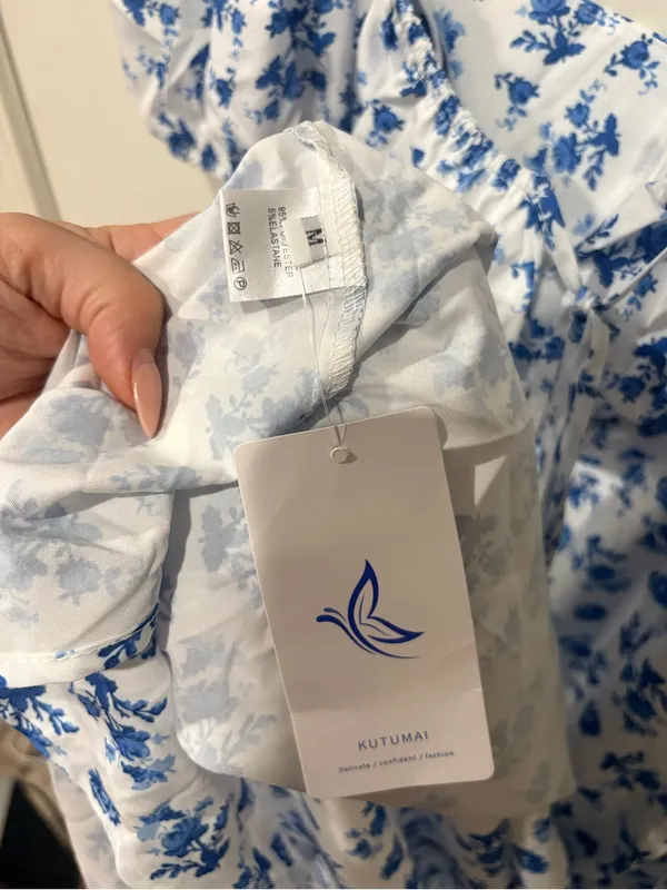 Blue Floral Puff-Sleeve Midi Dress Size M - Image 4