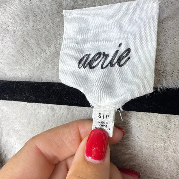 Aerie Fuzzy‎ Cropped Cardigan Stone Deep V-Neck Button Front Small Soft #2926 - Image 8