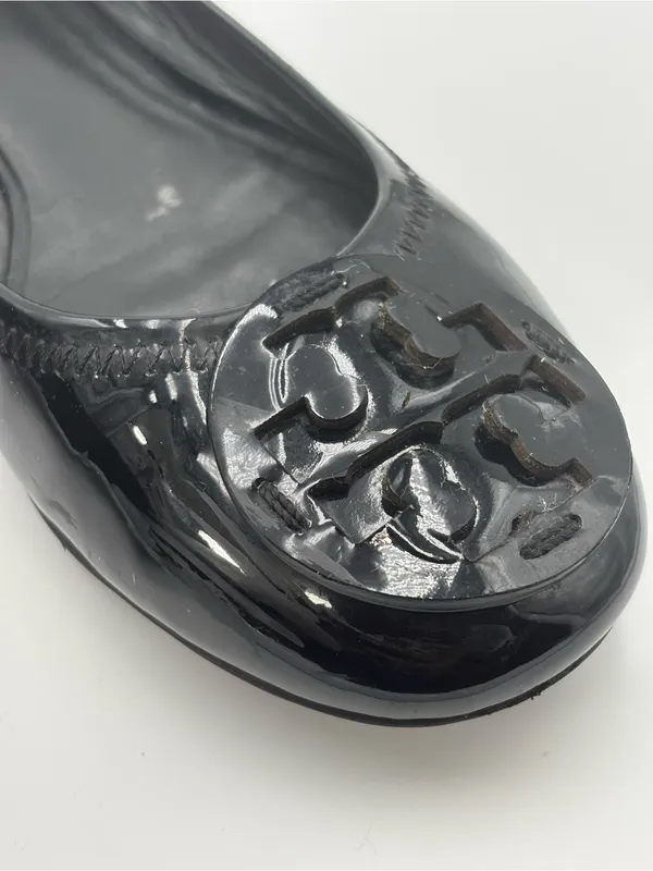 Tory Burch Black Patent‎ Leather Logo Ballet Flats Size 7.5/8 - Image 9