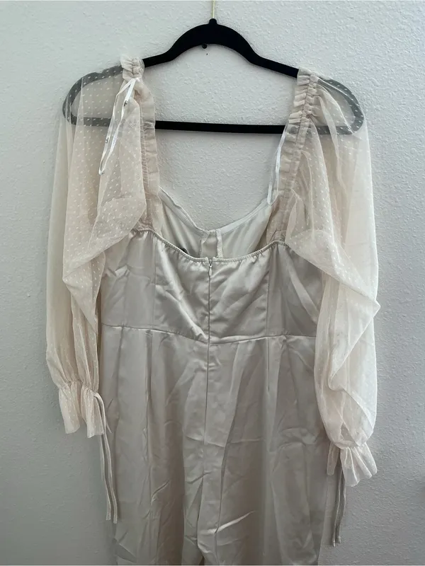 Lulu's Cream Satin Jumpsuit with Sheer Puff Sleeves - Image 7