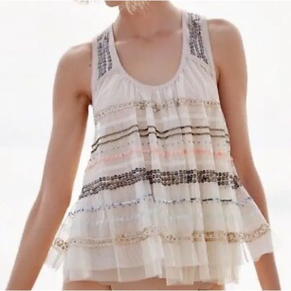 Free People Mercury Sheer Beaded Blouse Tank Top S Tiered Boho Fairy Festival - Image 3