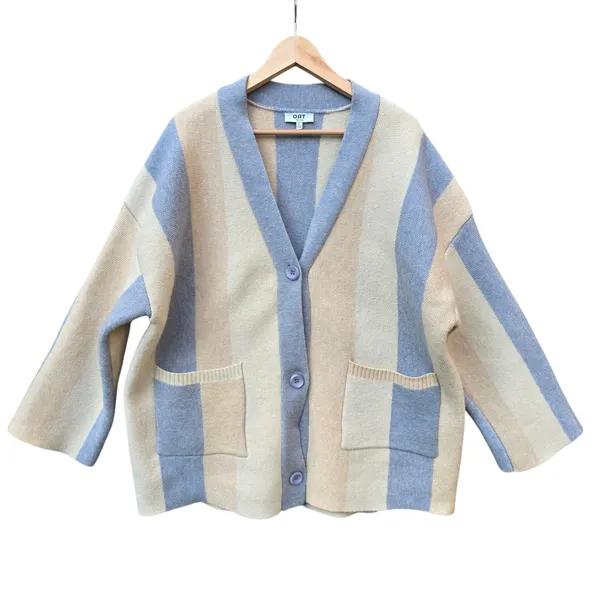 OAT New York Striped Knit Cardigan Sweater Pockets Cream Gray Women's‎ Large - Image 2