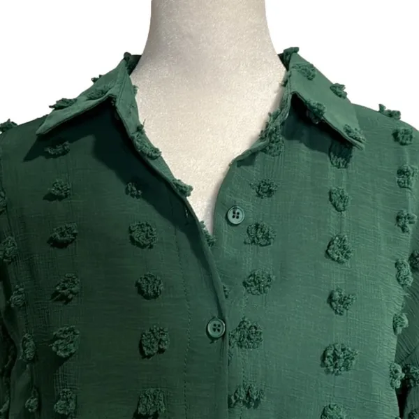 Forest Green sheer button down long sleeve blouse with textured dots - Image 5
