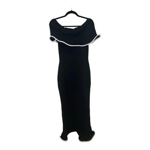 COMMENSE Color Block Off-Shoulder Ruffled Knit Dress- Black, Medium NWT Sold Out - Image 10