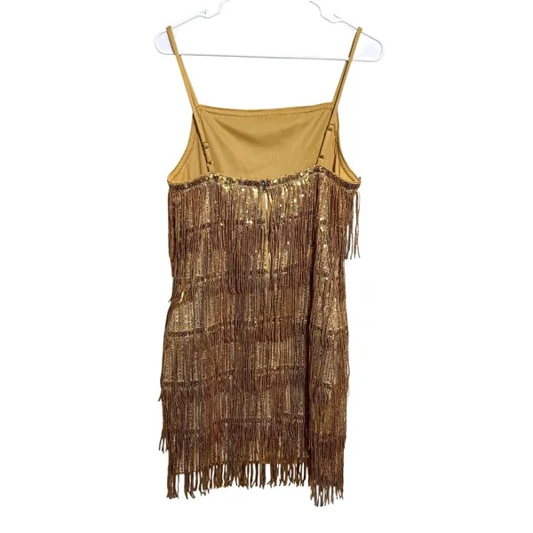 NWT Madam Uniq Womens Gold Sequin Tassel Mini Dress Fringe Party Gown Medium - Image 5