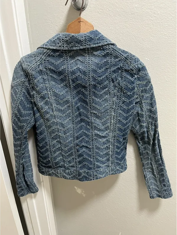 Free People Women's Blue Chevron Moto Biker Jacket Sz S - Image 3