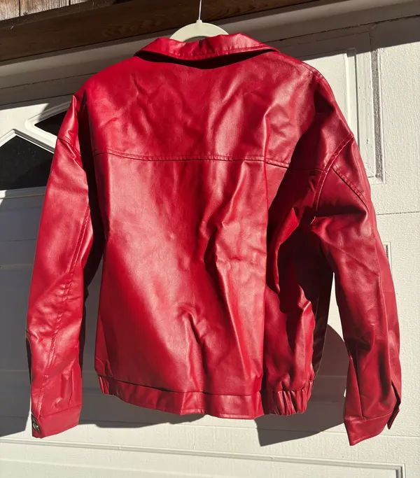 Red Leather Bomber Jacket Size M - Image 3