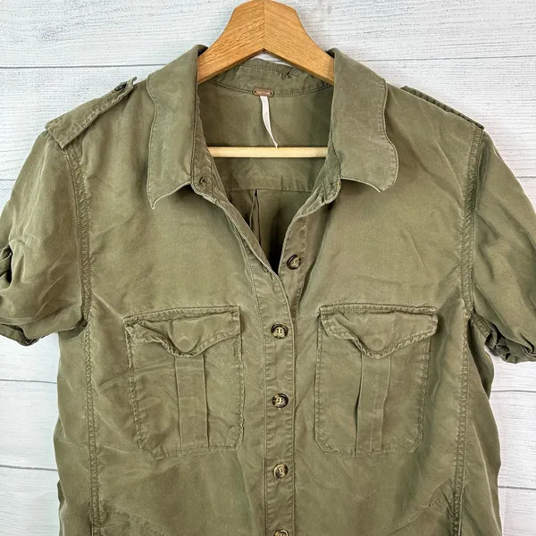 Free People Medium Green Utility Button Front Cuffed Sleeve Tunic Mini Dress - Image 3