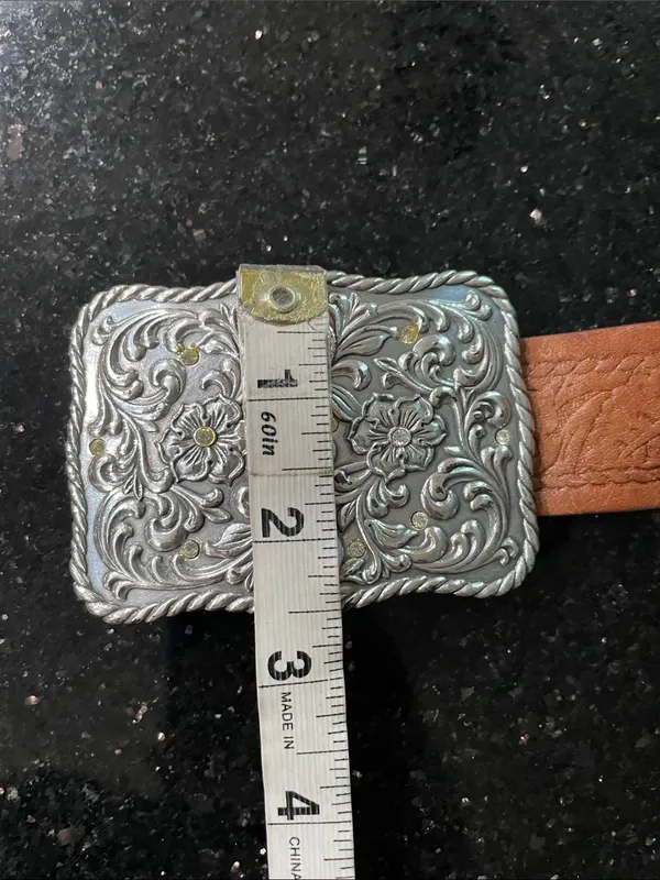 Vintage Guess Leather Belt Western Floral Engraved Silver Plate Buckle Size M - Image 5