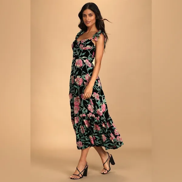 NWT Lulus Glorious Garden Black Floral Print Burnout Velvet Maxi Dress sz XS - Image 4