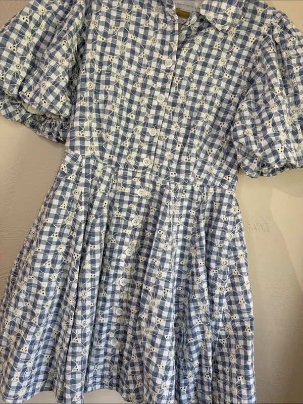 Anthropologie House of Harlow 1960 Blue Gingham Eyelet Puff Sleeve Dress 8 - Image 4