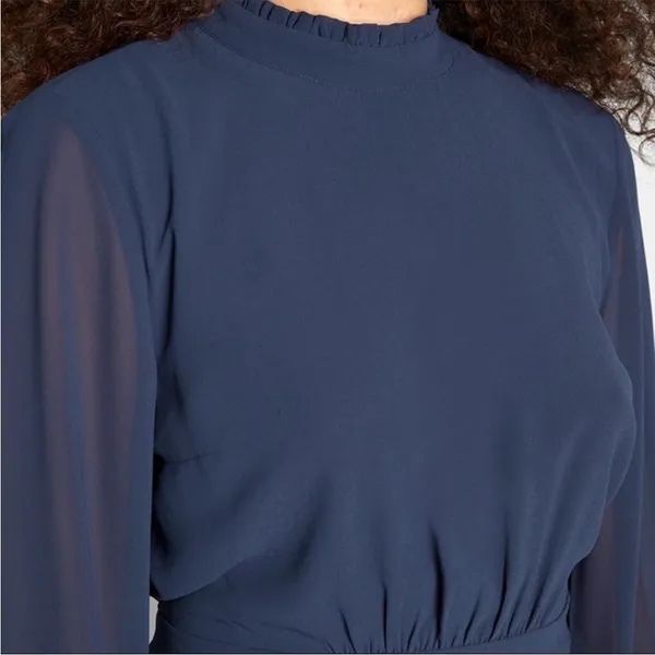 NWT ModCloth Sheer Long Sleeve Mock‎ Neck Mini Dress in Navy Blue Size 6 - Image 4