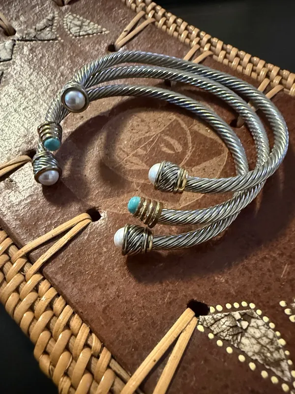 Silver-Tone Twisted Cable Cuff Bracelet with Pearl and Turquoise Accents - Image 3