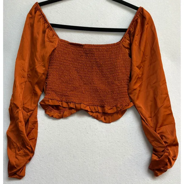 Forever 21 Rust Orange Satin Ruched Smocked Back Long Sleeve Crop Top Small - Image 3