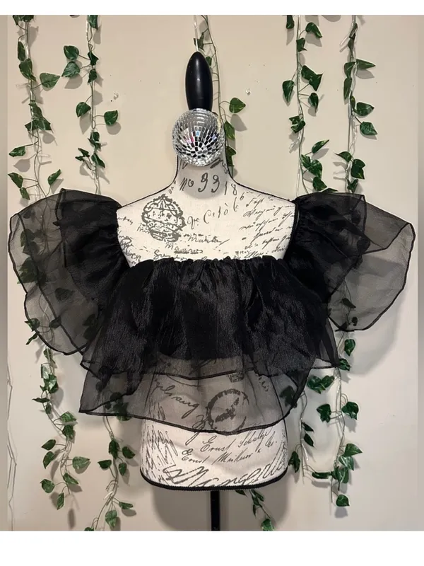 $55 NWOT Miou muse organza sheer black ruffle crop top S - Image 3
