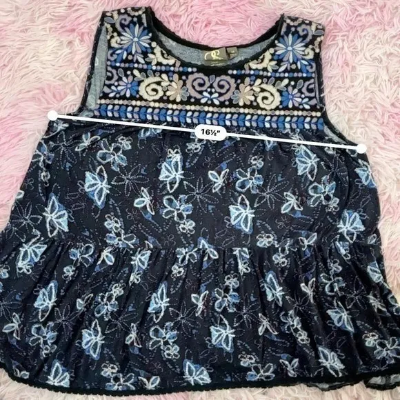 One September Embroidered‎ Tank Top Sleeveless Tiered Blue Floral Anthropologie - Image 5