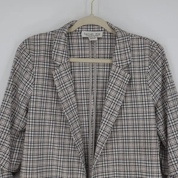 Rachel Zoe Blazer Women's Medium Grey White Open Ruched Sleeve Plaid Classic - Image 2