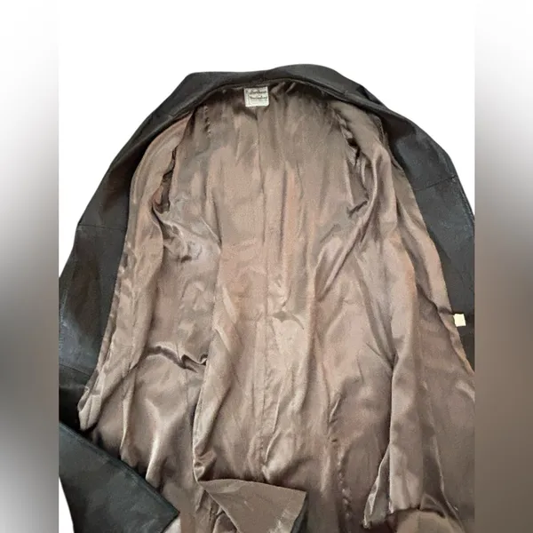 VTG Brown Leather Trench Coat Belted Contrast Trim Minimalist Chic Sz 16 Lined - Image 8
