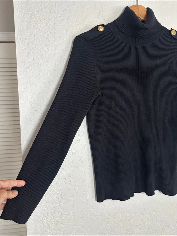 Ralph Lauren Black Ribbed Turtleneck Sweater Gold Buttons Epaulettes Preppy - Image 5
