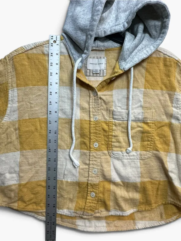 American Eagle Hooded Plaid Flannel Shirt Women Small Mustard Yellow Cropped - Image 7