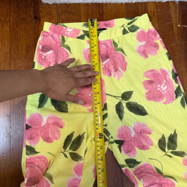 White Fox Boutique Yellow Straight-Leg Pants with Pink Floral Print - Image 3