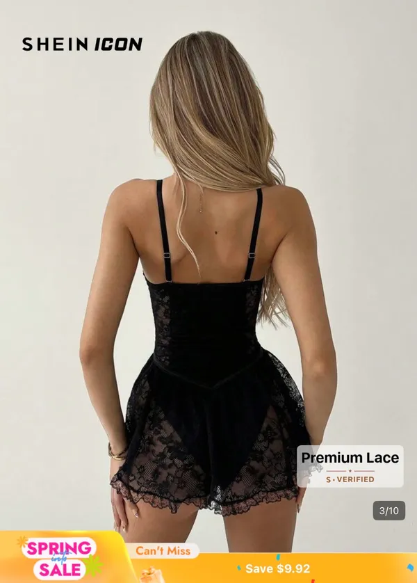 SheIn Black Triangle Lace Dress/Body Suit - Image 3