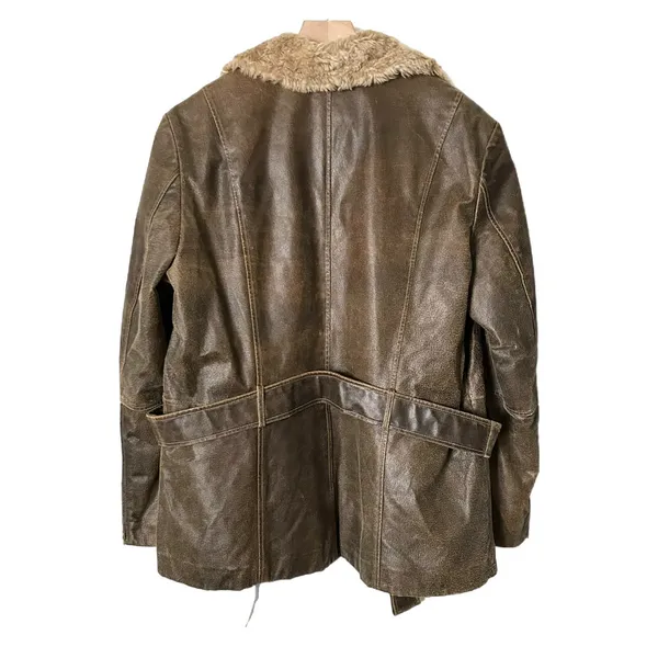 Vintage Leather Jacket Genuine Leather Brown Faux Fur Trim Belted Size XL - Image 2