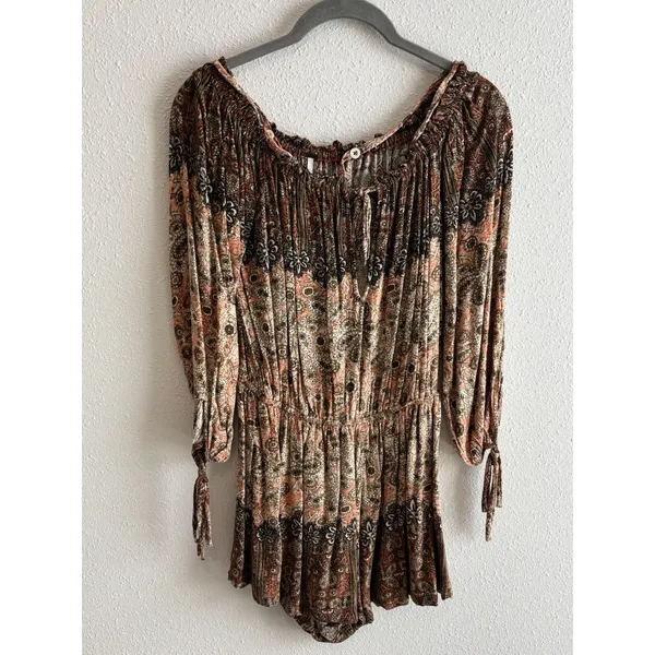 Free People So Divine Romper Apricot Paisley Boho Cold Shoulder SP‎ - Image 3